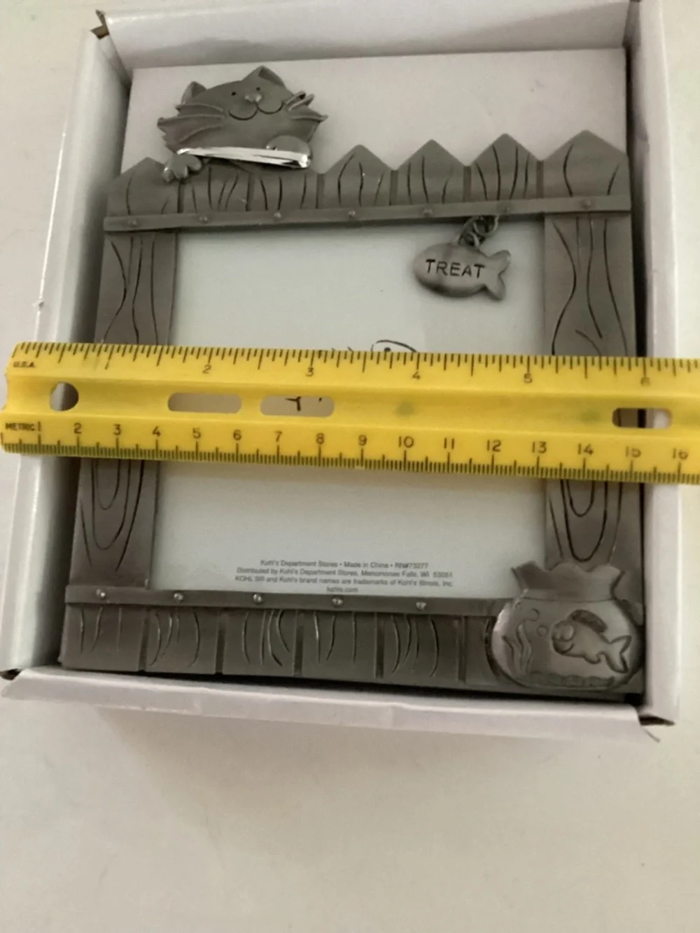 Pewter Photo Frame: Cat Face with Fishbowl and Fish Charm on Picket Fence